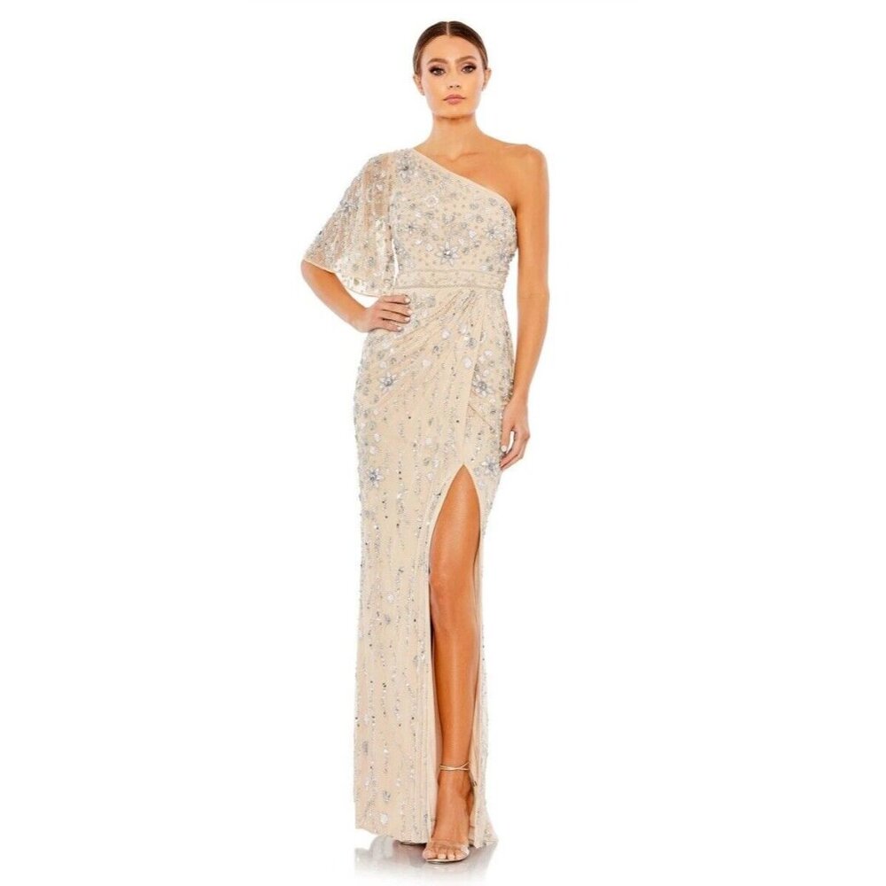 Mac Duggal Gown Dress Size‎ 2 Floral Embellished One Shoulder Draped 93635 $698